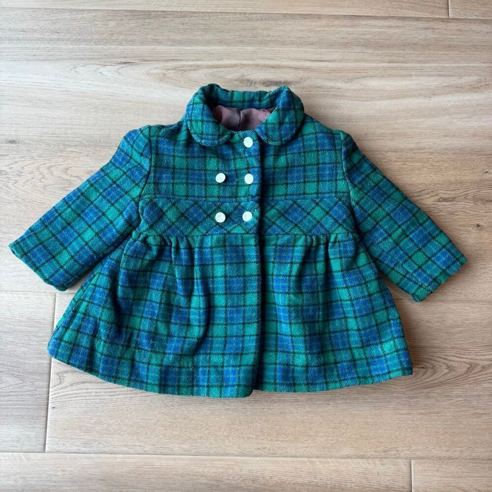 Vintage Kute Kiddies Plaid Coat Green Blue Toddler Girls 2T Winter Outerwear